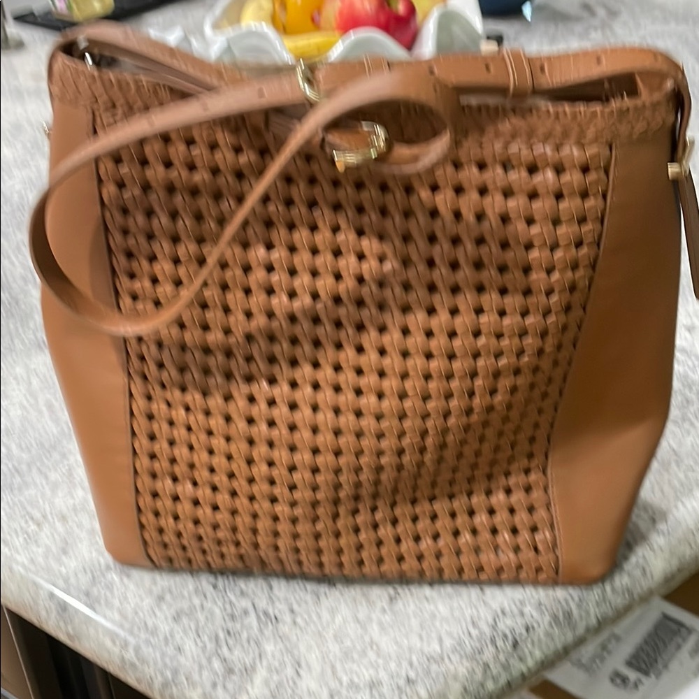 Talbots Tan Woven Shoulder Bag with Leather Trim